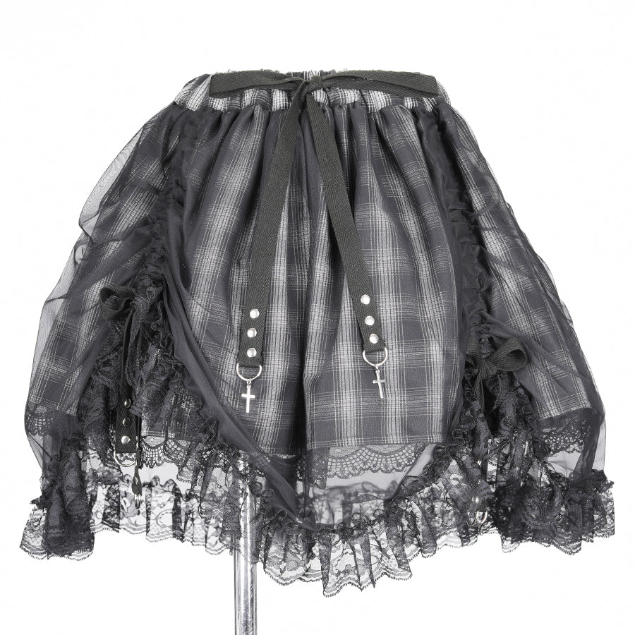 MINI TULLE TAIL SKIRT (GRAY x CHECK)