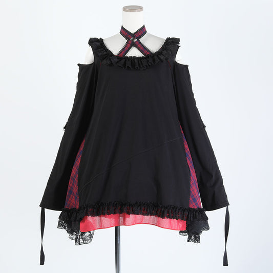 H&amp;A 开肩项圈连衣裙（黑色 x 红色格纹）