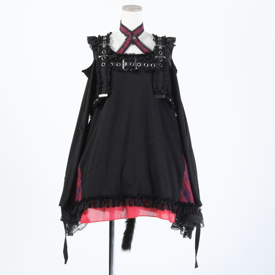 H&A OPEN SHOULDER CHOKER DRESS (BLACK x RED CHECK)