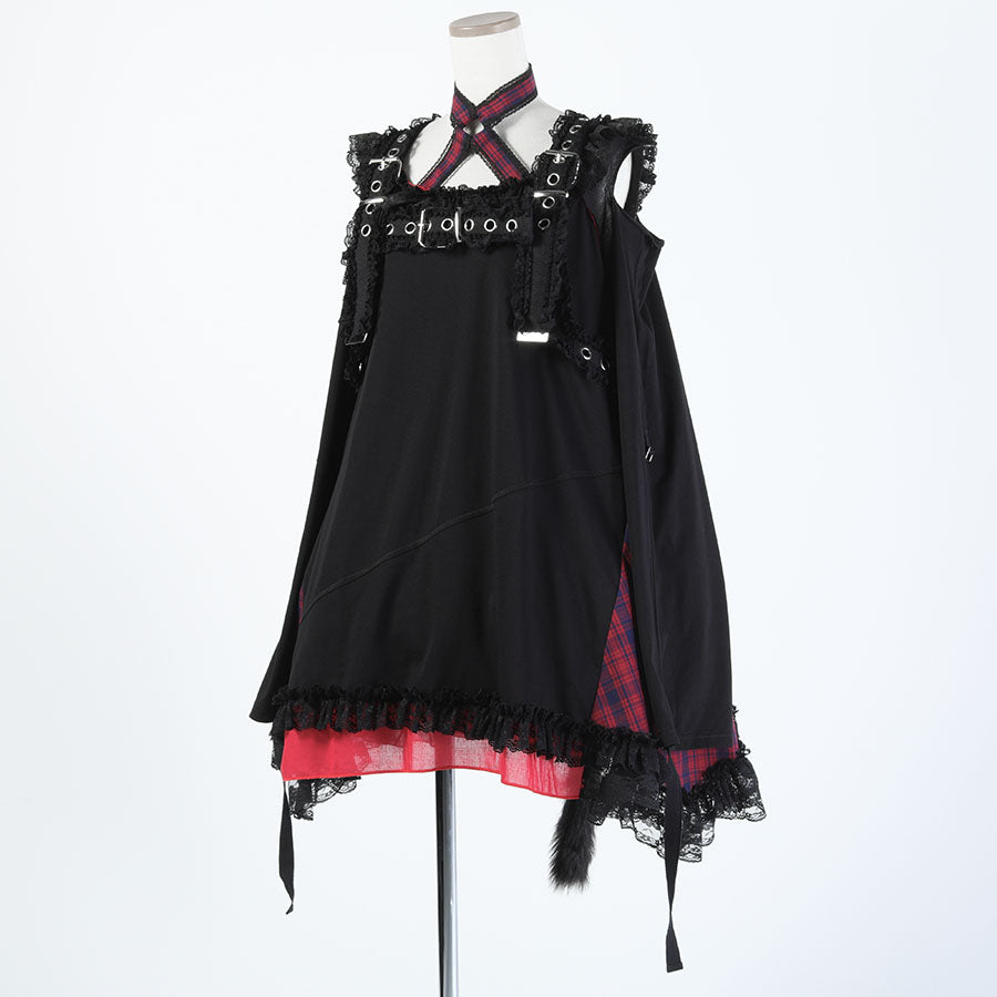 H&A OPEN SHOULDER CHOKER DRESS (BLACK x RED CHECK)