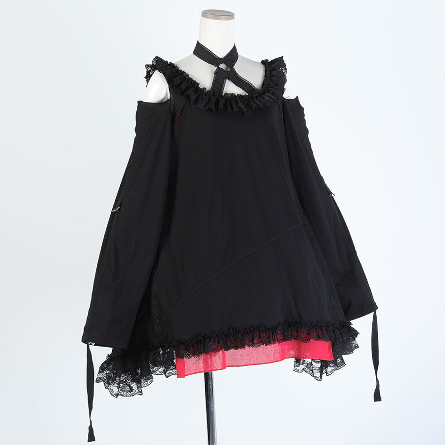 H&A OPEN SHOULDER CHOKER DRESS (BLACK x RED PLAIN)