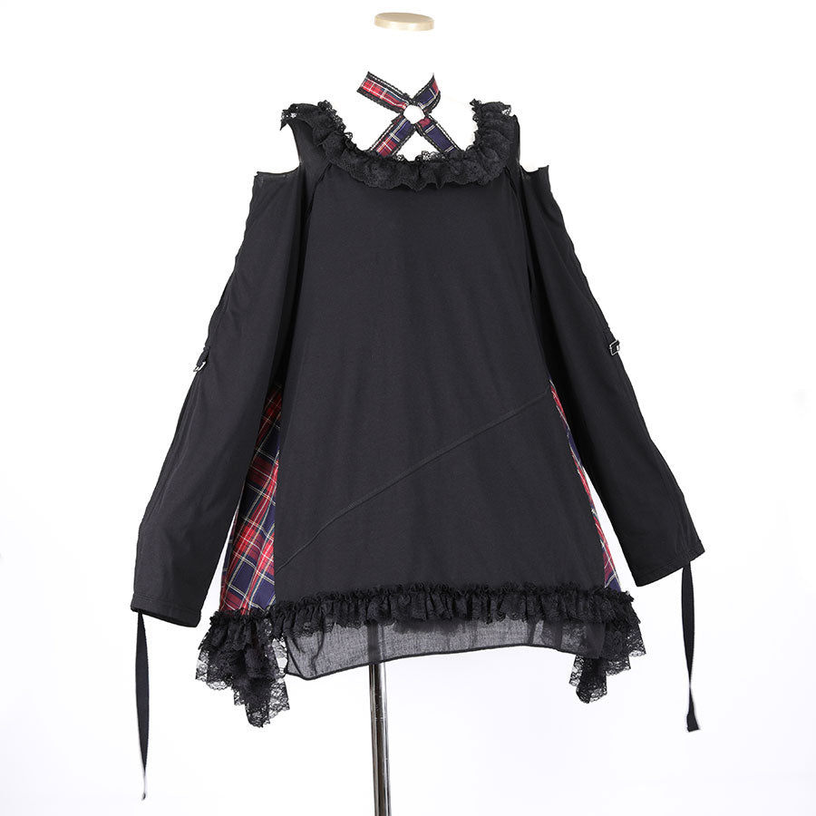 H&A OPEN SHOULDER CHOKER DRESS (BLACK x RED)