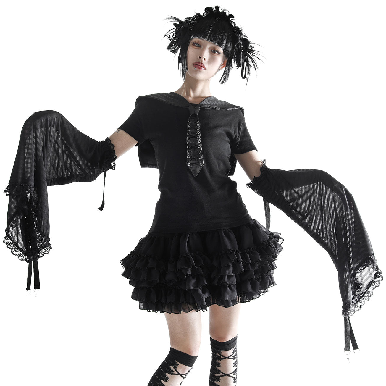 SAILOR LACE UP TIE BORDER TOP (BLACK)