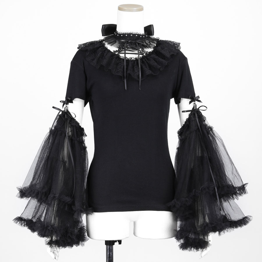 BIG TULLE SLEEVE LACE UP TOPS (BLACK)