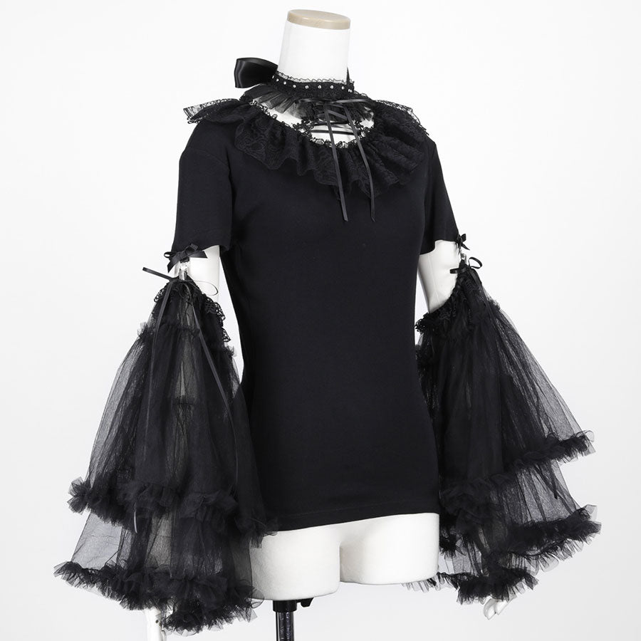 BIG TULLE SLEEVE LACE UP TOPS (BLACK)