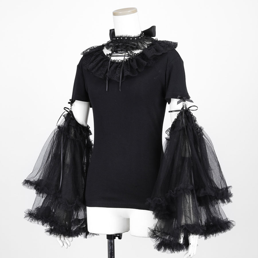 BIG TULLE SLEEVE LACE UP TOPS (BLACK)