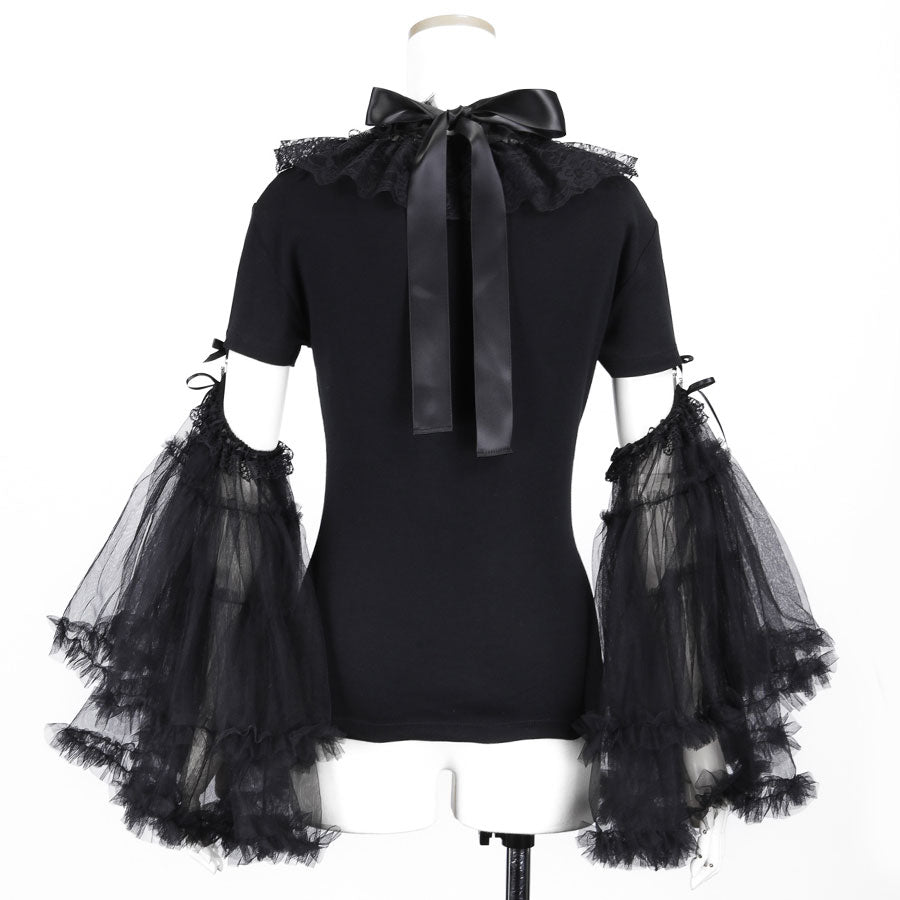 BIG TULLE SLEEVE LACE UP TOPS (BLACK)