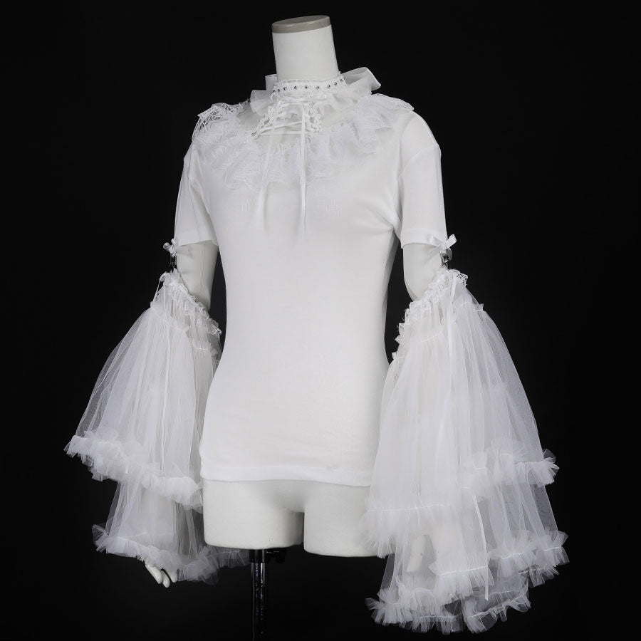 BIG TULLE SLEEVE LACE UP TOPS (WHITE)