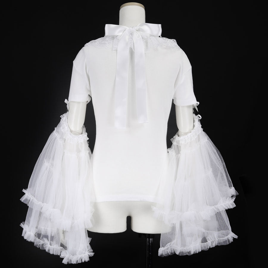 BIG TULLE SLEEVE LACE UP TOPS (WHITE)