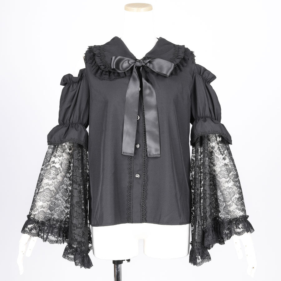 FRILL COLLAR OPEN SHOULDER LACE SLEEVE CUT& SEW(BLACK)