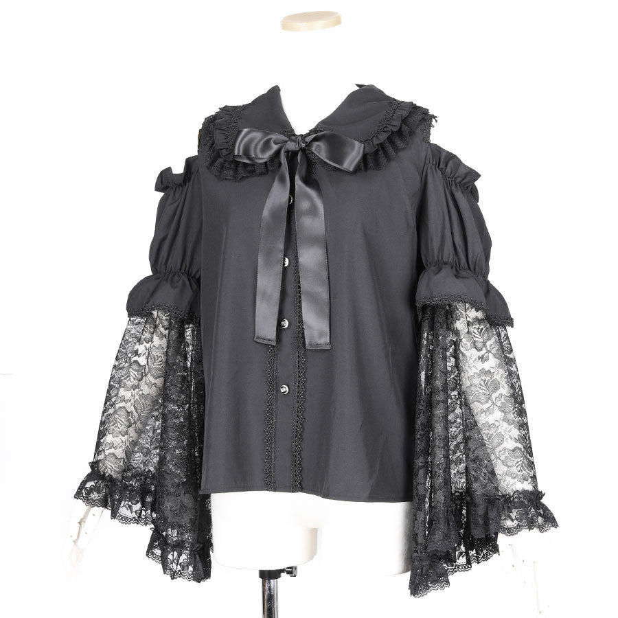 FRILL COLLAR OPEN SHOULDER LACE SLEEVE CUT& SEW(BLACK)