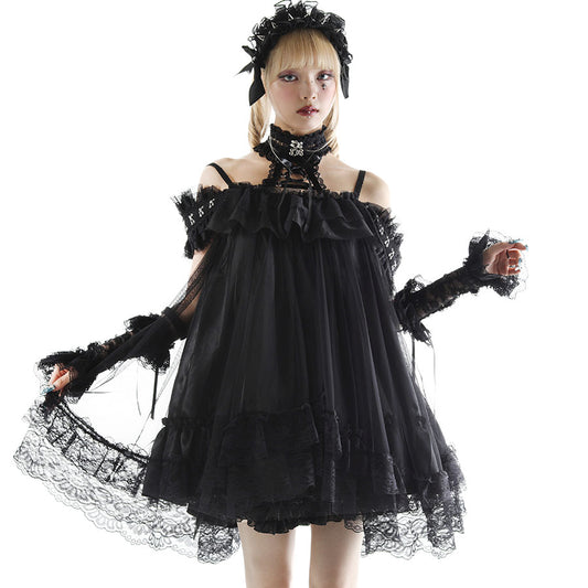 露肩钩扣连衣裙（黑色）