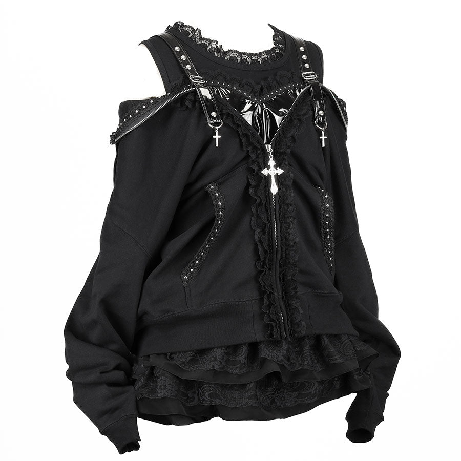 珐琅心形露肩爱心派克大衣连衣裙（黑色）