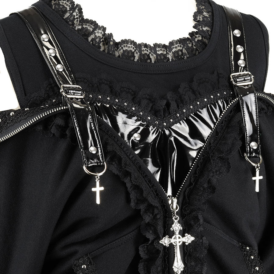 珐琅心形露肩爱心派克大衣连衣裙（黑色）