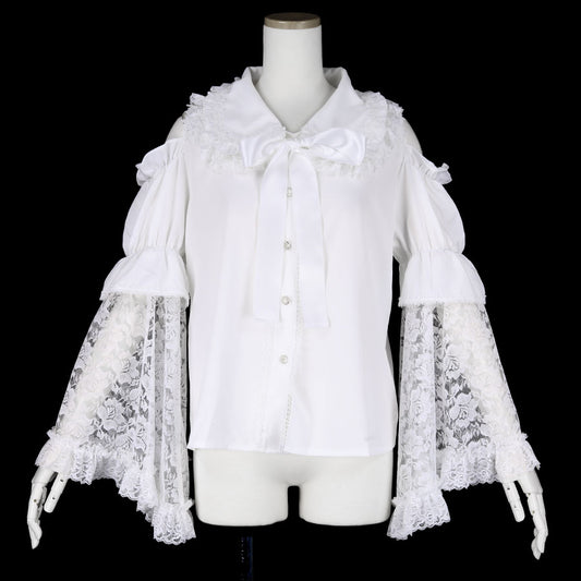 FRILL COLLAR OPEN SHOULDER LACE SLEEVE CUT&amp; SEW(WHITE)
