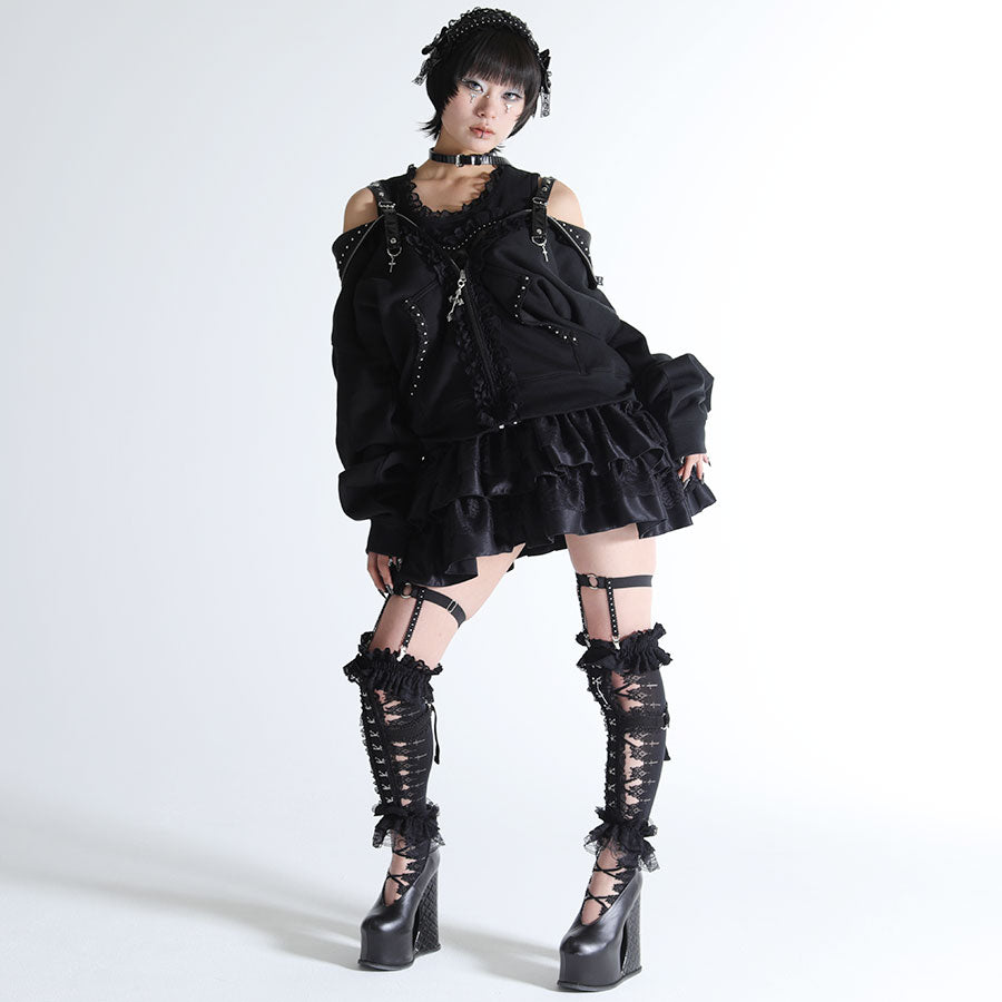 [予約1ヶ月]ENAMEL HEART OFF-SHOULDER HEART PARKA DRESS (BLACK)
