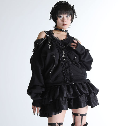 [1 month pre-order] ENAMEL HEART OFF-SHOULDER HEART PARKA DRESS (BLACK)