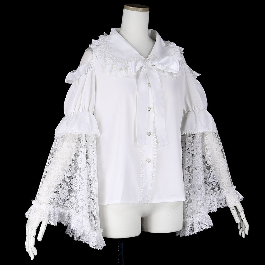 FRILL COLLAR OPEN SHOULDER LACE SLEEVE CUT& SEW(WHITE)
