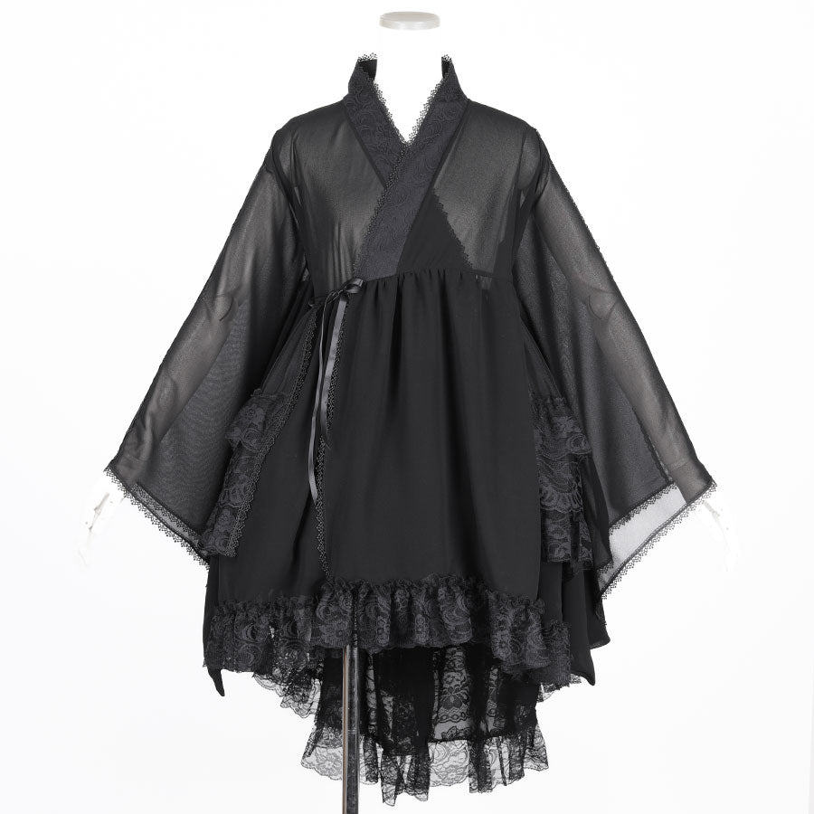 black lace kimono sleeve dress Koko + Mason Printed Kimono Sleeve Lace Detail Maxi Dress In Black