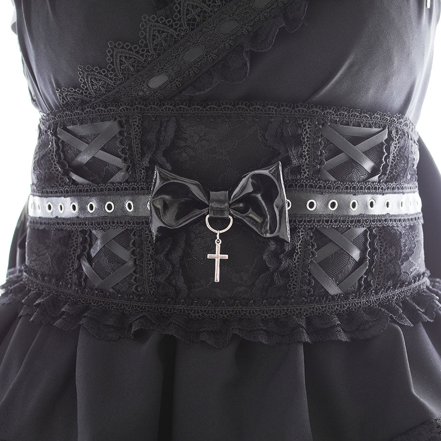 系带式恶魔翅膀褶裥腰带（黑色）