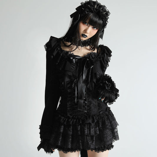 迷你荷叶边玫瑰蕾丝开衫（黑色）