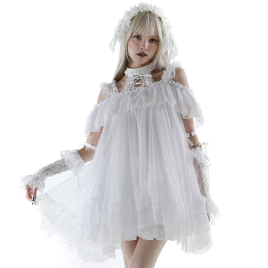 LACE-UP OFF-SHOULDER ONE-PIECE DRESS (WHITE)