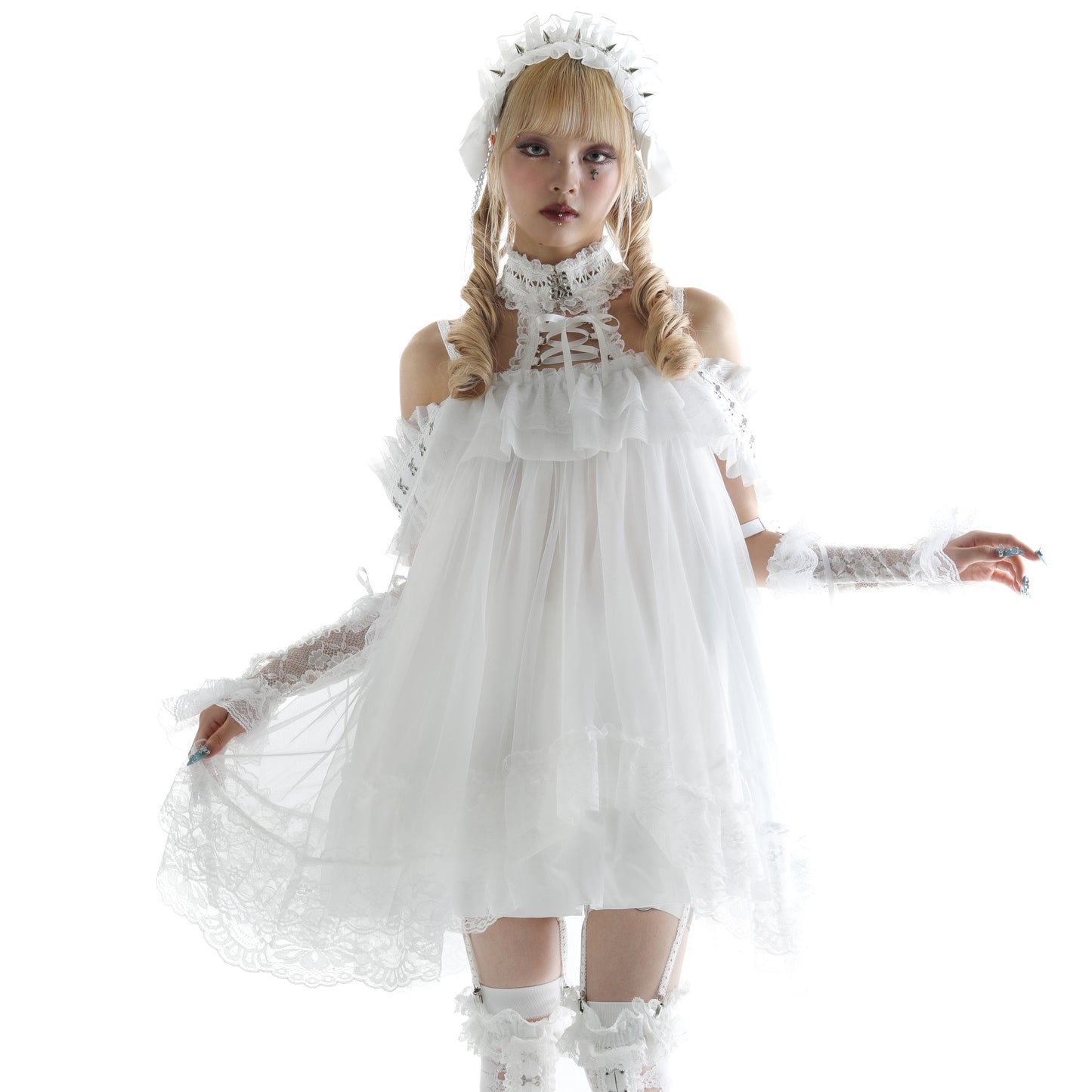 露肩钩扣连衣裙（白色）