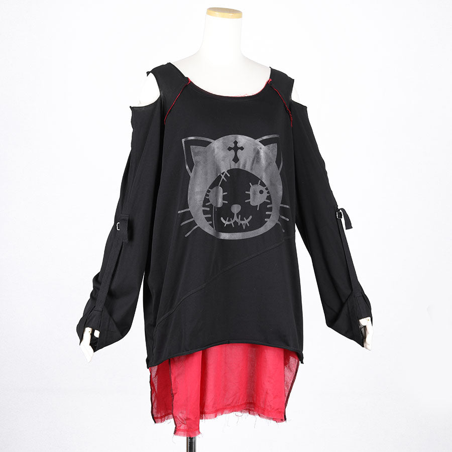 H&A BIG ANGRY FACE HEAD OPEN SHOULDER TOP(BLACK x RED)
