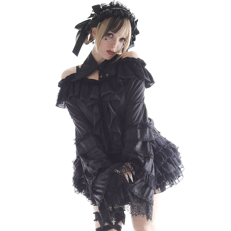 公主领露肩袖衬衫（黑色）