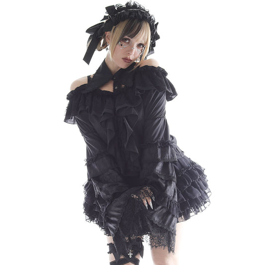 公主领露肩袖衬衫（黑色）