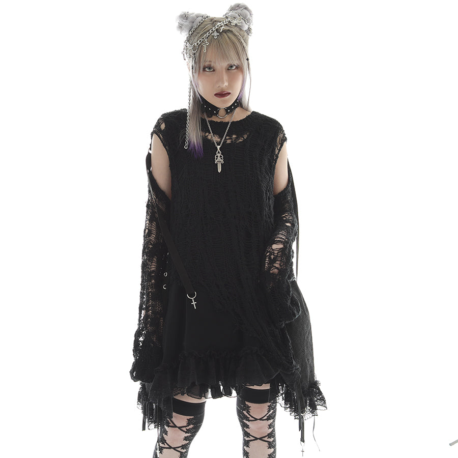 DAMAGE KNIT ARM COVER DRESS (BLACK)