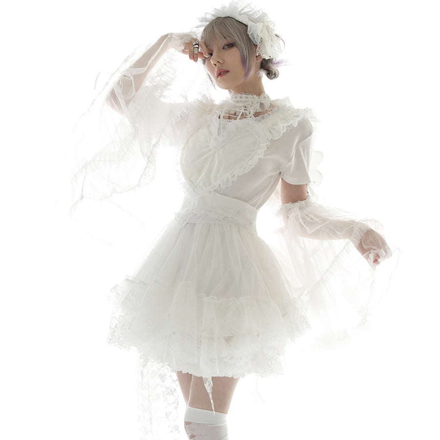 BIG TULLE SLEEVE LACE UP TOPS (WHITE)