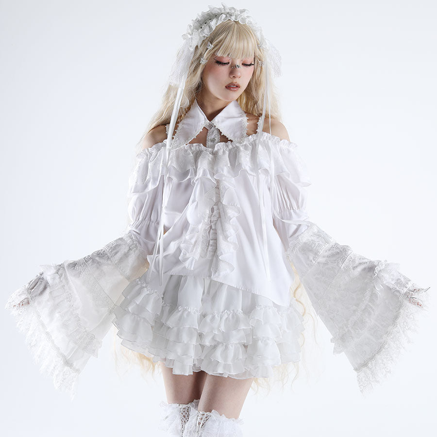 COLLAR PRINCESS SLEEVE OFF SHOULDER BLOUSE (WHITE)