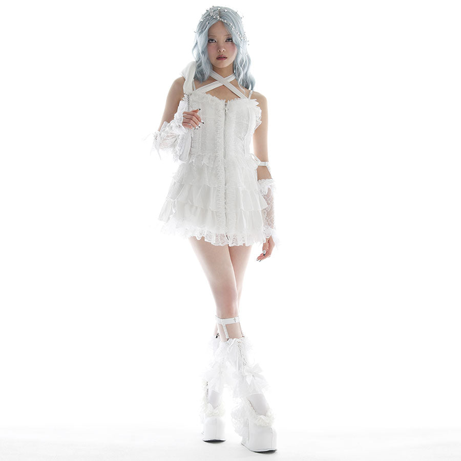 MINI CROSS ZIPPER HALTER NECK ONE PIECE (WHITE)