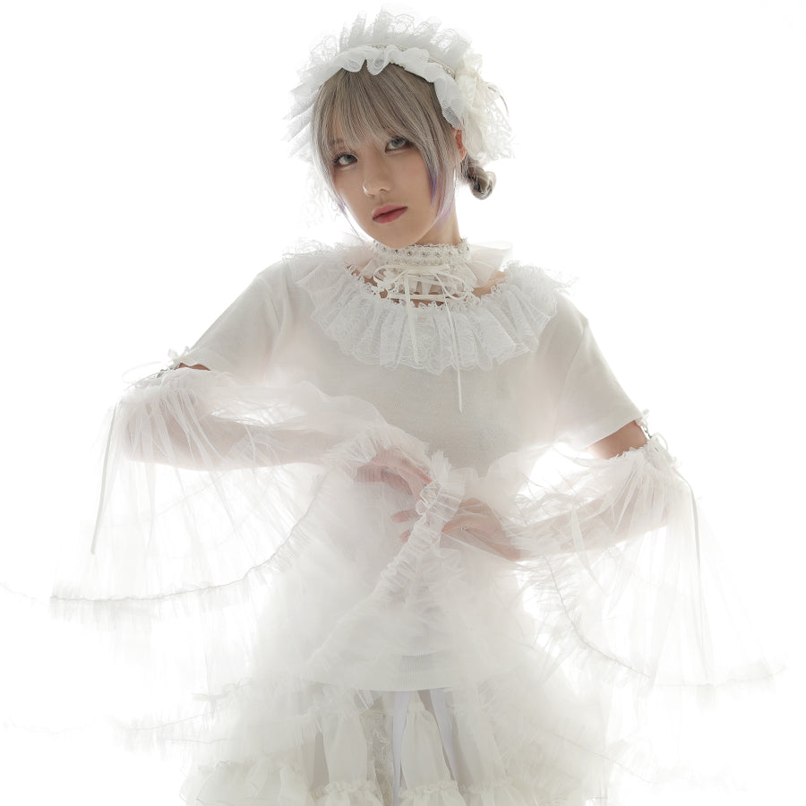 BIG TULLE SLEEVE LACE UP TOPS (WHITE)