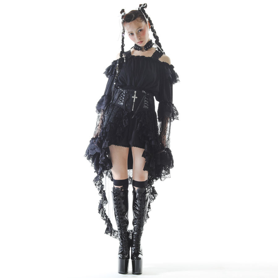 CROSS JEWEL LACE UP VEIL PANTS (BLACK)