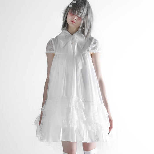 DOUBLE COLLAR CROSS JEWEL ANGEL WING DRESS (WHITE)