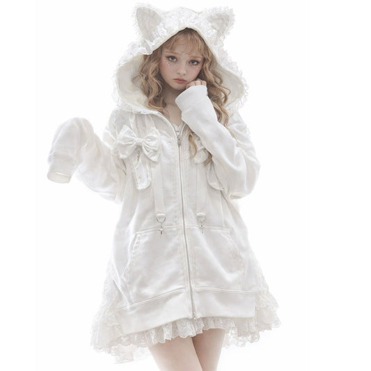 [Order takes 1 month] CAT EAR PRESENT RIBBON DRESS PARKA (WHITE x WHITE)