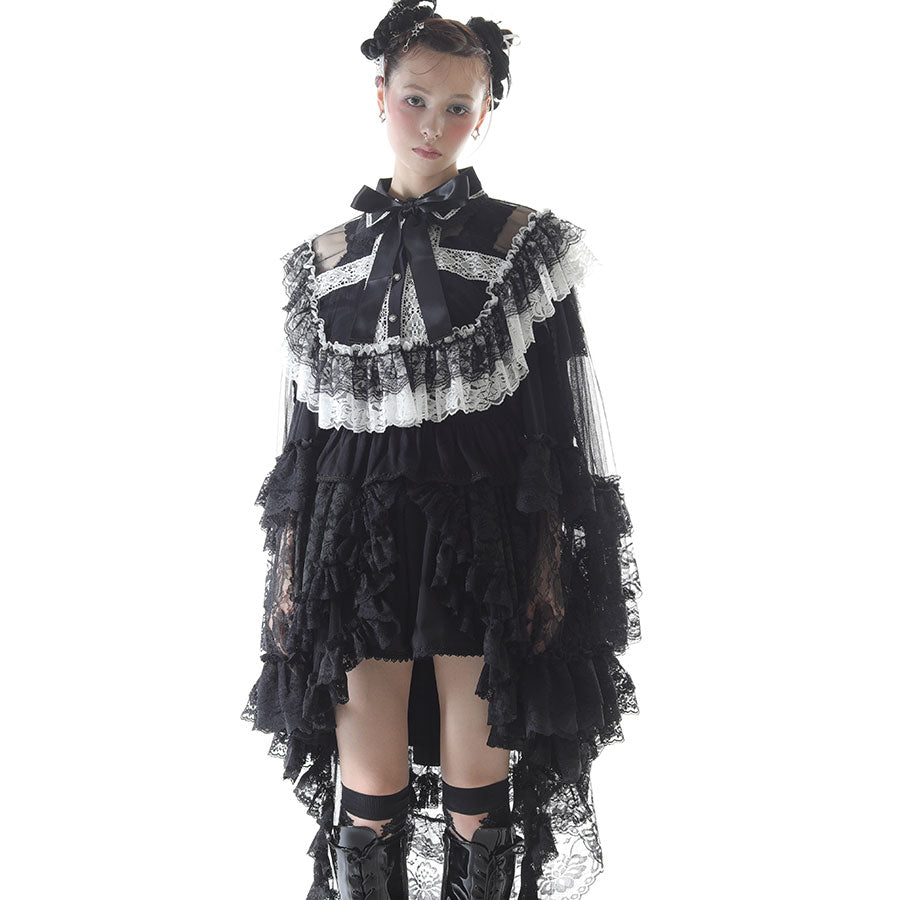 CROSS TULLE VEIL CAPE (BLACK x WHITE)