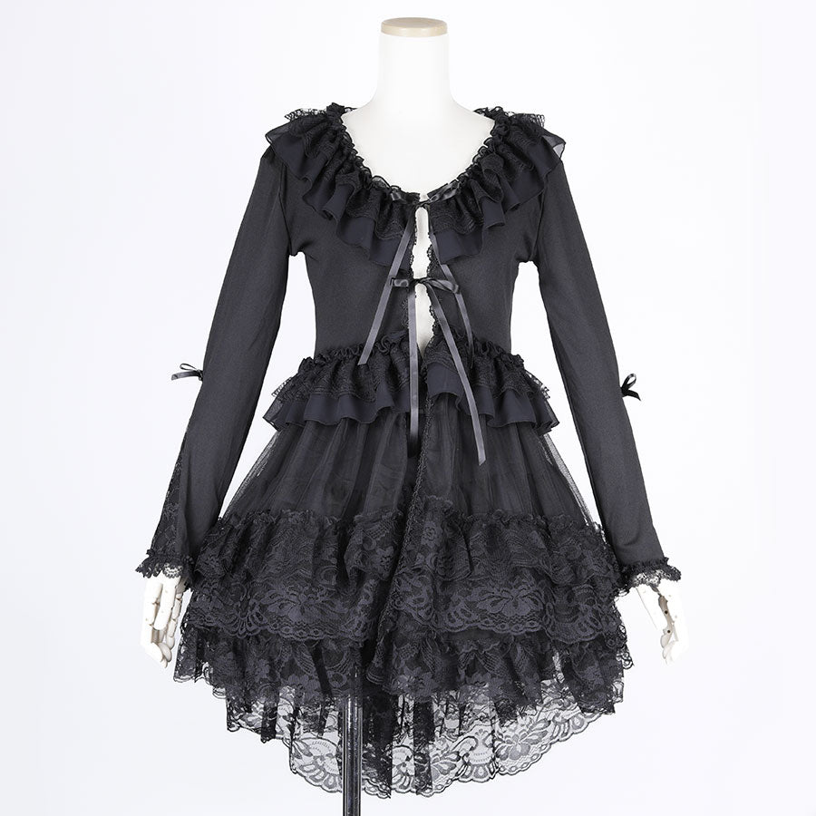 LONG TULLE VEIL RIBBON CARDIGAN (BLACK)