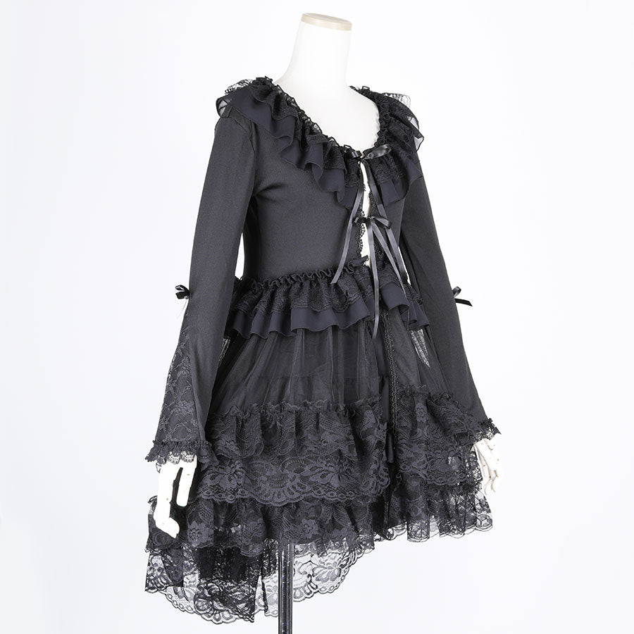 LONG TULLE VEIL RIBBON CARDIGAN (BLACK)