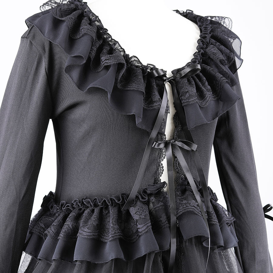 LONG TULLE VEIL RIBBON CARDIGAN (BLACK)