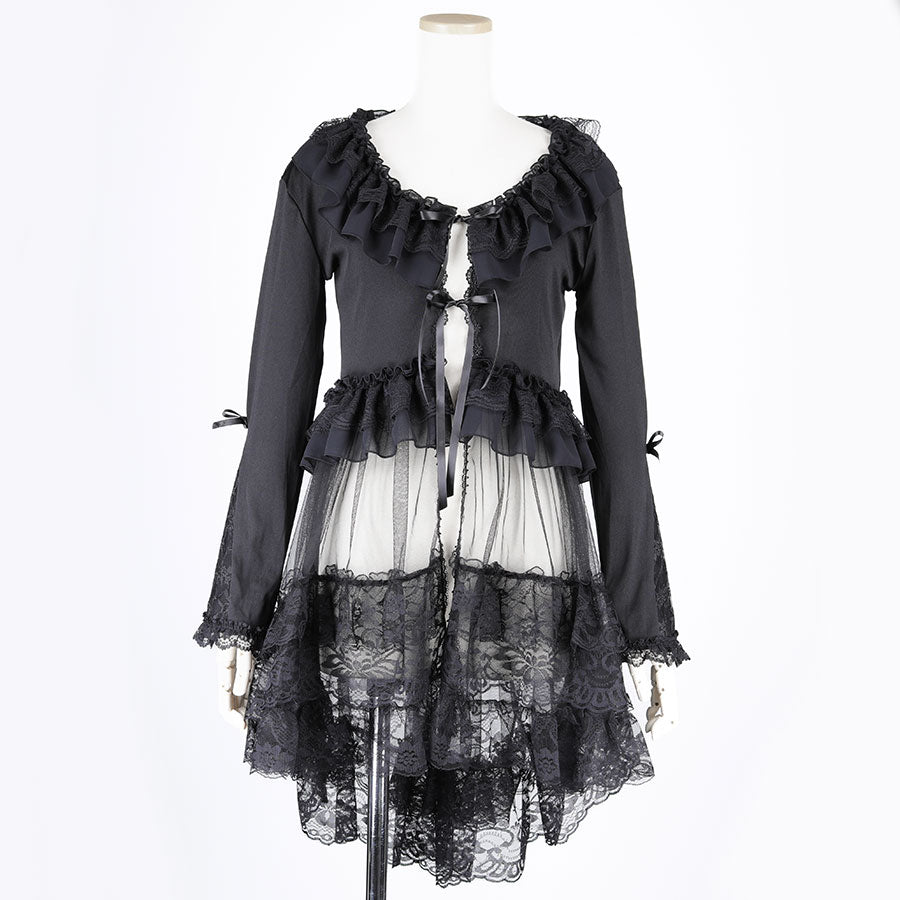 LONG TULLE VEIL RIBBON CARDIGAN (BLACK)