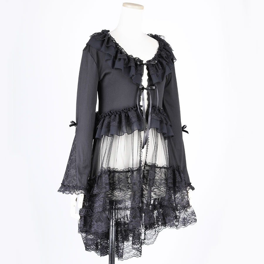 LONG TULLE VEIL RIBBON CARDIGAN (BLACK)