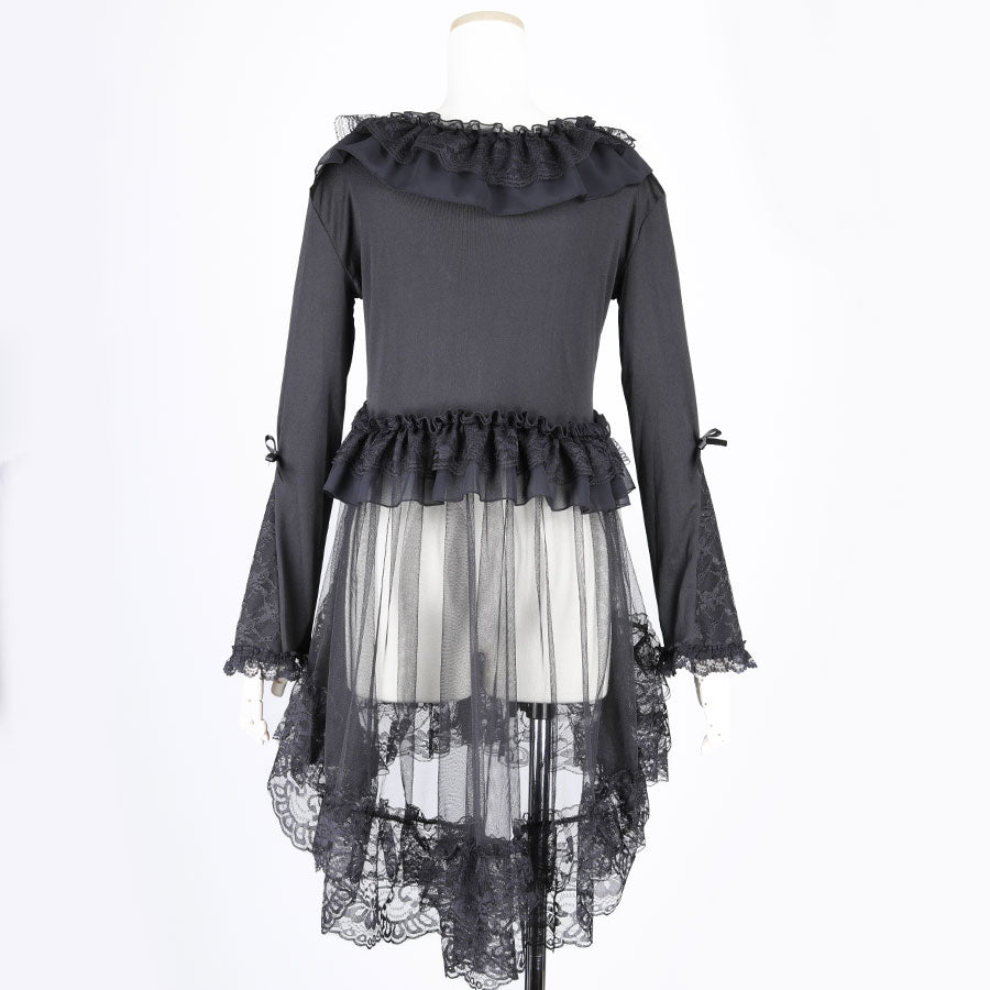 LONG TULLE VEIL RIBBON CARDIGAN (BLACK)