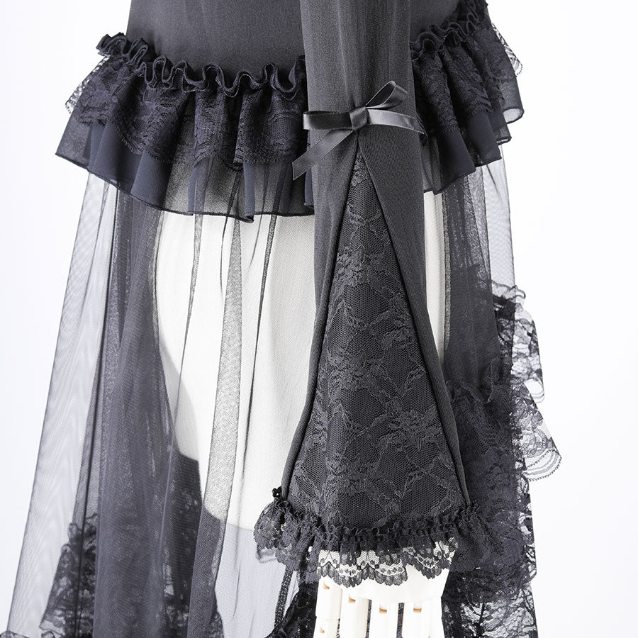 LONG TULLE VEIL RIBBON CARDIGAN (BLACK)