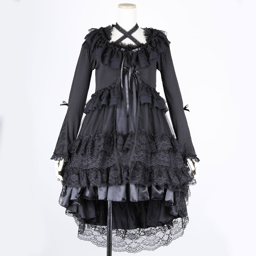 LONG TULLE VEIL RIBBON CARDIGAN (BLACK)