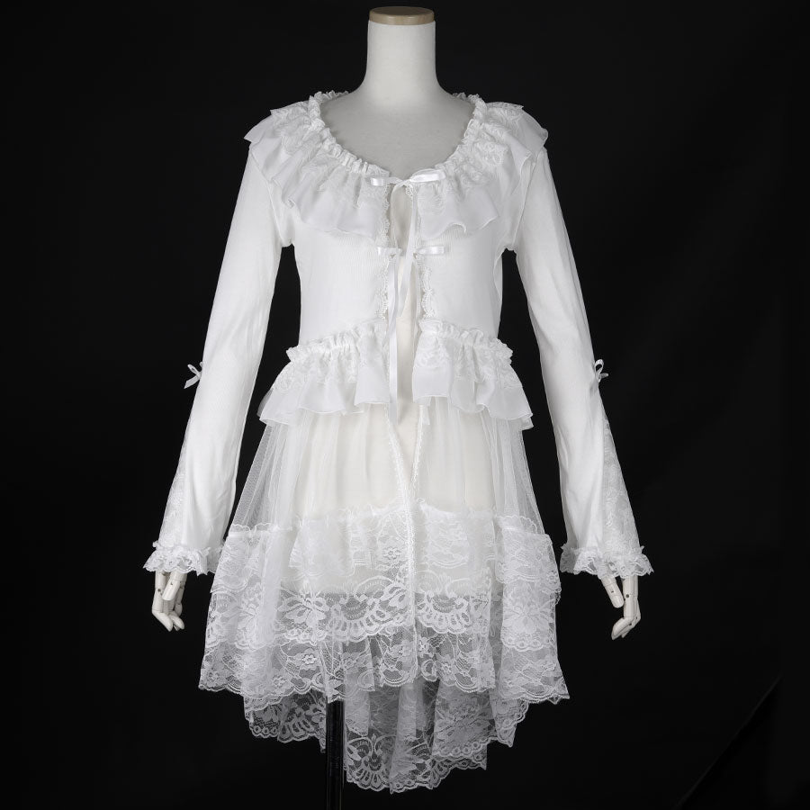 LONG TULLE VEIL RIBBON CARDIGAN (WHITE)