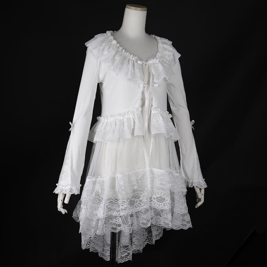 LONG TULLE VEIL RIBBON CARDIGAN (WHITE)