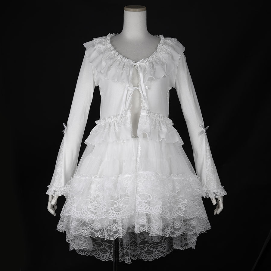 LONG TULLE VEIL RIBBON CARDIGAN (WHITE)